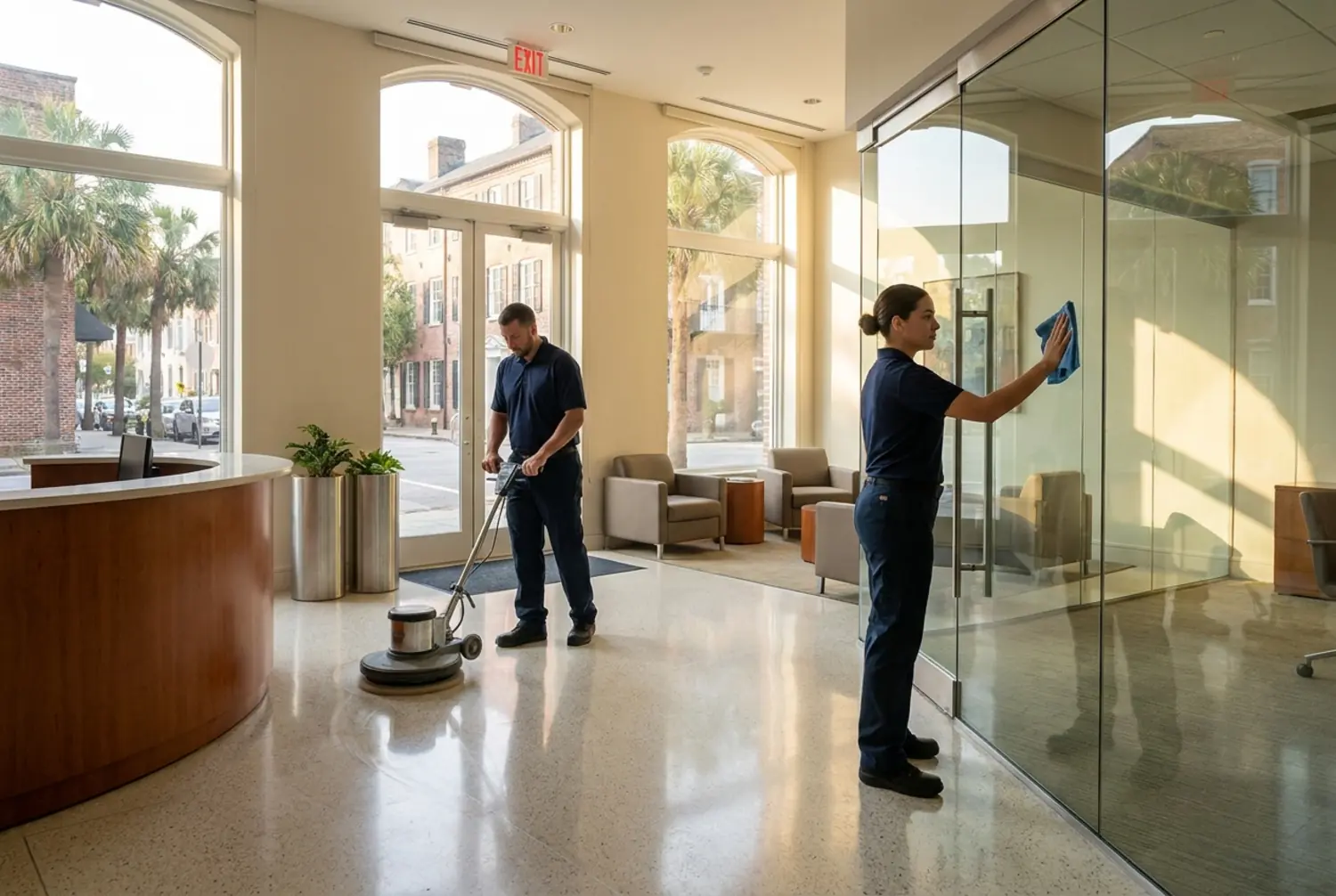 Commercial cleaning technicians polishing the floor and detailing the glass in a Charleston office lobby